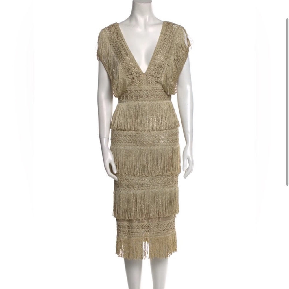 PATBO Plunge Neckline Gold Fringe Midi Sheath Dress Size 0